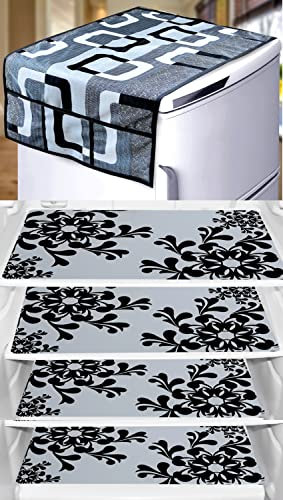 KANUSHI Industries® 1Pc Fridge Cover for Top with 6 Utility Pockets +4 Fridge Mats (FRI-Black-Box+M-2-04)