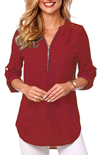 Tuopuda Chemisier pour Femme avec Col en V Chemises Chic Elégant T-Shirt à Manches Longues Blouses Blanche 3/4 Tunique Manches enroulables Hauts Décontractés, Vin Rouge, S