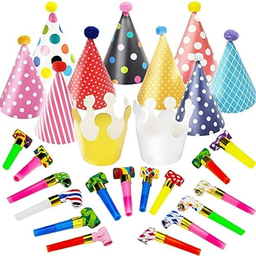 27 Stück Partyhüte Set,Partyhüte Kindergeburtstag,Party Hüte zum Geburtstag mit Pompons,Geburtstagshut Lufttröte Pfeife Partyhütchen Geburtstag Kegel Hüte für Kinder Geburtstagsfeier Baby Shower