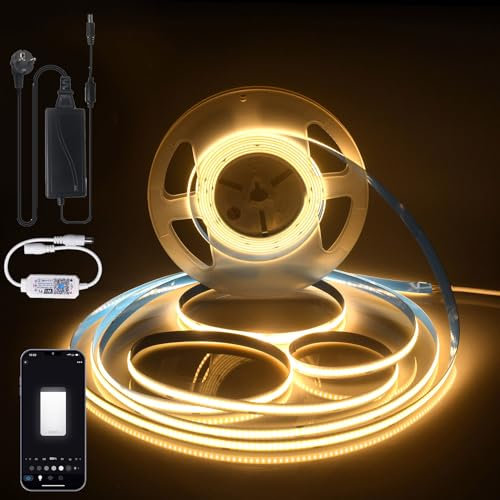 Striscia LED COB WiFi Dimmerabile 5M Bianco caldo 3000K,Striscia LED 24V 512LED/M con alimentatore,Temporizzazione di controllo APP striscia COB flessibile,Compatibile con Alexa/Google Home