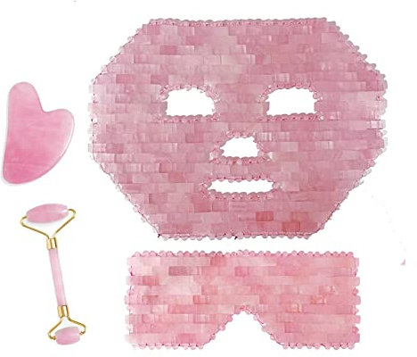 BiiKoon Rosenquarz Maske 4 teiliges Set Jade EIS Schlafmaske mit Roller & Gua Sha Augenmaske Wiederverwendbare Kältetherapie Gesichtsmasken Kit Spa Kristall-Werkzeug für Depuffing