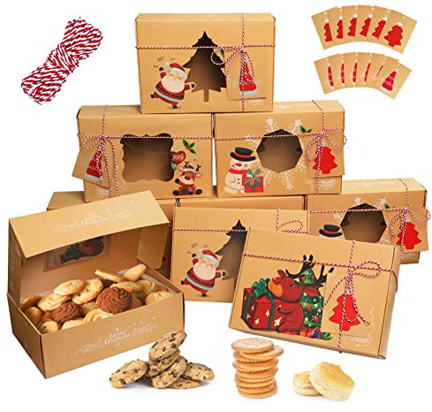 12 Stk Keksschachtel Weinachten Keksverpackungen Kraftpapier Geschenkboxen mit Sichtfenster DIY Karten und Backpapier, Weihnachtskarton-Verpackung für Gebäck, Muffin, Macarons, Süßigkeiten Box