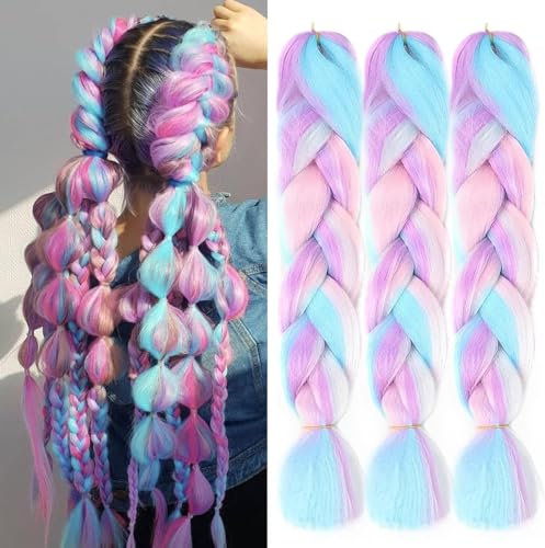 FANWYFYU Jumbo Braid Synthetic Hair 3 Pieces 24 Inches Kanekalon Hair Braiding Extensions for Crochet Twist Braiding Hair(White/Pink/Light Blue/Light Purple)
