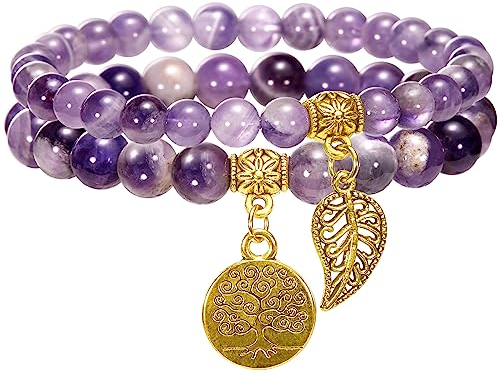 Bivei 7 Chakra Armband Echte Steine, Edelstein Armband Damen,Kristall Naturstein Yoga (Fantasie-Amethyst)
