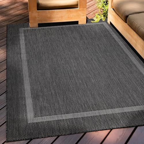 Teppium Outdoor Teppich Wetterfest 200x300 (200x290 cm) Schwarz Sisal Optik - Küchenteppich Waschbar rutschfest, Wasserfest, Bordüre, Pflegeleicht - Ideal für Balkon, Terassen, Garten, Camping, Küche