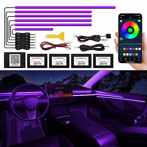 Acrylic Interior Car LED Strip Light with Wireless APP, RGB 6 in 1 with 175 inches 593 LEDs Fiber Optic Ambient Lighting Kits, 16 Million Colors Sound Active Function Car Neon Lights