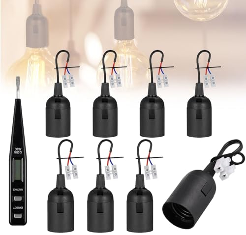 JIZZU 8 Stück E27 Ersatzfassung, Schwarze Lampenfassung, VDE-Spannungsprüfer, Renovierungsfassungen mit Kabel Renovierfassung, Baustellenfassung, LED und Halogen Fassung