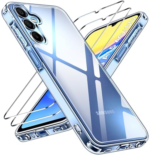 iVoler Anti Ingiallimento Chiaro Cover per Samsung Galaxy A15 4G / A15 5G con 2 Pezzi Pellicola Vetro Temperato, [Antiurto di Grado Militare] Custodia Trasparente Sottile Case