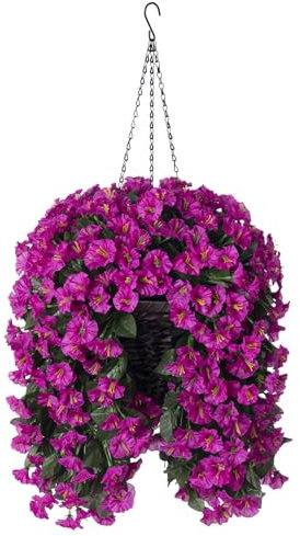 Artificial Fake Fall Hanging Flowers Plants Basket for Outdoor Autumn Winter Decor, Faux Silk UV Resistant Look Real Fuchsia Morning Glory Long Stems in Planter for Outside Porch Patio Balcony Home