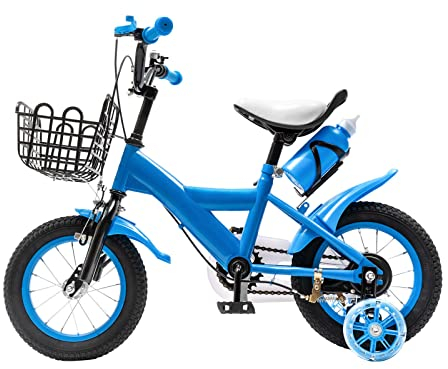 12-Zoll-Kinderfahrrad für Jungen und Mädchen Fahrrad, Kinderfahrrad mit Stützrädern und Aufbewahrungskorb, rutschfeste, Abriebfeste Reifen Fahrrad, blau.