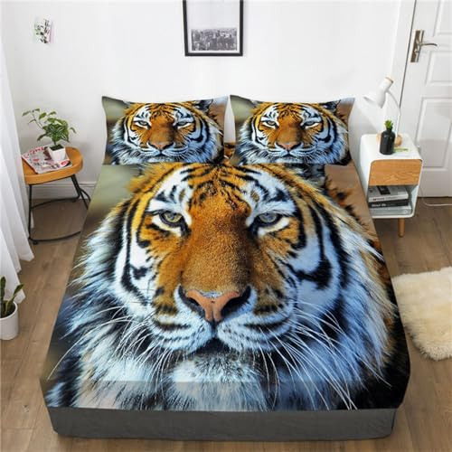 OakiTa 3D Tiger Löwe Spannbettlaken Wildlife Stil Dekor Bettlaken Set Schwarz Weiß Mikrofaser Spannbetttuch für Matratze bis 30 cm Höhe mit Kissenbezügen (A09,90x200x30cm)