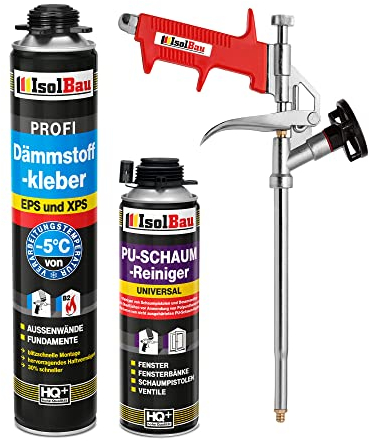 Isolbau B2 Dämmstoffkleber SET - 1 x 750 ml Perimeterkleber, 1 x PU-Schaum-Reiniger & 1x Schaumpistole für EPS & XPS-Platten - 1K PU-Klebeschaum für Fixieren & Befestigen