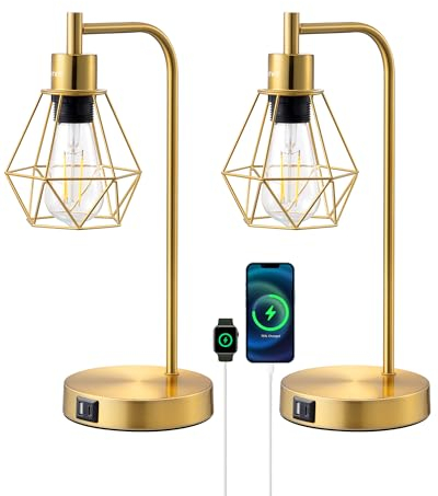 EDISHINE Bedside Lamps Set of 2, Dimmable LED Table Lamp, Diamond Cage Lampshade, USB Charging Ports, Touch Lamps for Living Room, Bedroom, E27 Socket, Bulb Included, Gold