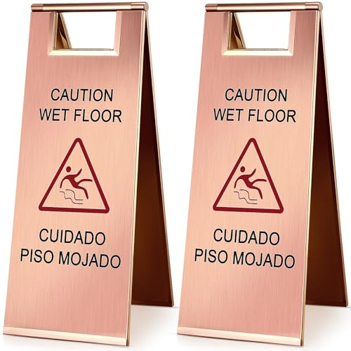 Edelstahlschild für nassen Boden, 4 kg, 61 cm, doppelseitig, tragbar, faltbarer Griff, zweisprachige Sicherheitswarnschilder für Restaurant, Toilette, Büro, Vermeidung von Stürzen (Roségold), 2 Stück