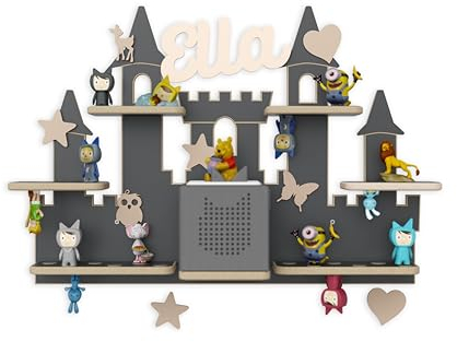 Holzura Kinderregal zur Tonie Aufbewahrung, Wandregal für Toniebox, Regale für Tonibox und Figur, Kinderzimmer Wandregale für Musikbox und Tonie figuren, Schloss