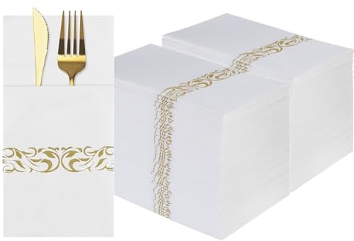 DADAWU Lot de 100 serviettes de table jetables blanches au toucher lin avec poche intégrée pour couverts - Serviettes en papier doré pour fête, mariage