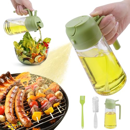 PUWOWYE Pulverizador Aceite Spray 470ml, 2 y 1 Spray Aceite Cocina Vidrio, Pulverizador Aceite Multifuncional para Cocina, Parrilla, Ensaladas, Pincel Cocina y Cepillo Para Botellas, Verde