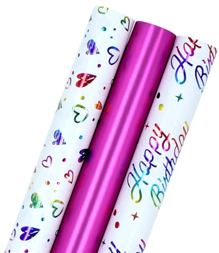 3 Rollen brillantes Geschenkpapier, 43 cm x 3 m lange Geburtstags-Geschenkpapierrolle, perfekt für Geburtstag, Weihnachten, Hochzeit, Baby Dusche, Festival-Geschenkdekoration