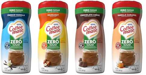 Nestle Coffee Mate Sahnekännchen mit Zuckergeschmack, 4 Stück, Sortenpackung (289 ml Flaschen) – Vanille-Karamell, Haselnuss, französische Vanille, Schokoladencreme