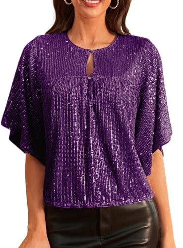 GRACE KARIN Top da donna con maniche a 1/2, scollo rotondo, con paillettes, viola., S