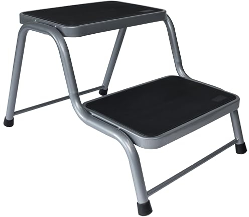 Caravan Tritt 2 Stufen 45x64x38 cm aus Stahl bis zu 150kg belastbar mit Anti-Rutsch-Trittfläche Doppeltrittstufe Einstiegshilfe Wohnwagen Wohnmobil Doppelstufe Zweistufiger Tritthocker