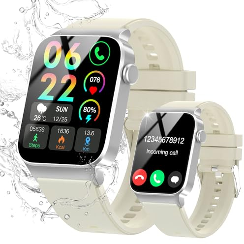 VKROBAG Smartwatch Damen Herren mit Telefonfunktion, 1.85 Zoll Touchscreen Fitnessuhr, 100+ Sportmodi, IP68 Wasserdicht Smart Watch mit Schrittzähler Pulsmesser Schlafmonitor Reis Weiß