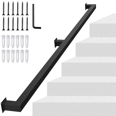 4FT/120CM Square Tube Handrail,Wall Mount Staircase Handrail Modern Pipe Stair Industrial Stair Rail for Indoor Outdoor Steps,440lbs Load,Carbon Steel Non-Slip Grab Handle for Loft Porch 2Sections