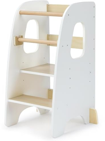 Ezebaby Lernturm ab 1 Jahr, Learning Tower, Höhenverstellbar Montessori Lernturm mit Kippschutz, Abnehmbare Sicherheitsgeländer, Massiv und Stylisch (Weiß)