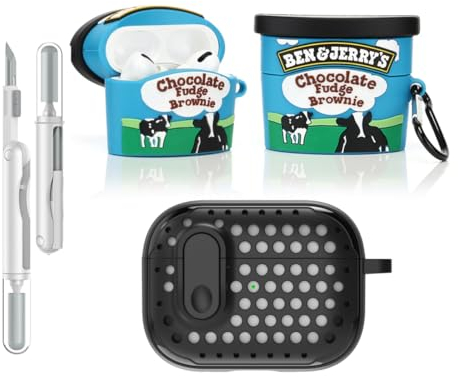 LEWOTE 3 in 1 Kompatibel mit Apple Airpods Pro(2nd/1st Generation) Schützende Lustige Nette Fall Abdeckung mit Reiniger Kit Schlüsselanhänger (Benjerry)