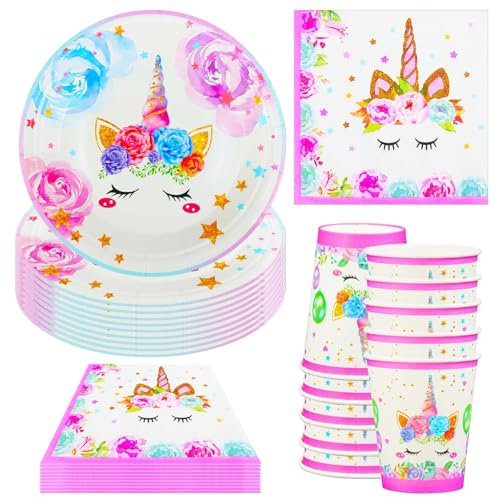 Hmfmdy Ensemble de vaisselle de fête licorne - 40 pièces - Décoration de fête d'anniversaire licorne - Avec assiettes en carton - Gobelets et serviettes - Pour anniversaire d'enfant - Accessoires de