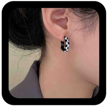 Yheakne Vintage Schwarz Weiß Gestreiften Karierten Ohrringe Acryl Schwarz Weiß Karierten Reifen Ohrringe Schwarz Weiß Gitter Karierten Ohrringe Schachbrett C-förmigen Ohrringe Schmuck Für Frauen