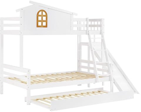 Litera con ventanas características y escalera basculante de 4 niveles, 90 x 200 y 120 x 200 cm para niños y cama madre con tobogán, marco de cama de madera maciza (litera + 1 cama nido)