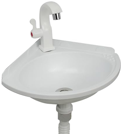 Wall Mounted Corner Sink Hand Wash Basin Utility Plastic Kitchen Sink Single Bowl with Faucet Small Bathroom Sink, Ideal for Motorhome Garden Toilet Cloakroom, Saves Space