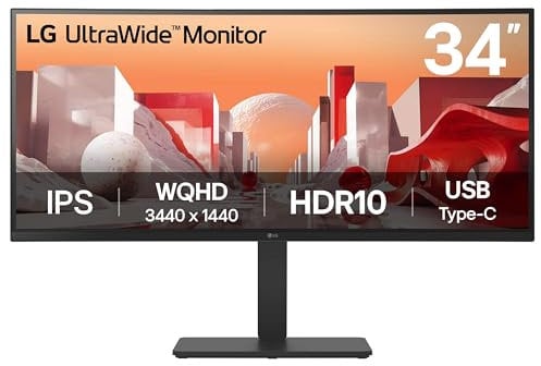 LG UltraWide Monitor 34BA75QE - UWQHD 1440p IPS 34 inch, 60Hz, 5ms, HDR10, Built-in Power/KVM/Speakers, Height-Tilt-Swivel Adjustments, LAN (RJ45), USB-C (90W PD), USB Hub, HDMI, DP 1.4, Black