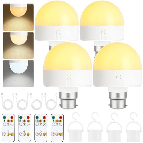 Psatfito Rechargeable Light Bulb with Timer and Remote, Dimmable Battery Light Bulbs with Magnetic Base, B22 Detachable Charging LED Bulb, Non Hardwired Lamps with 3 Color Temperatures, 4 Packs