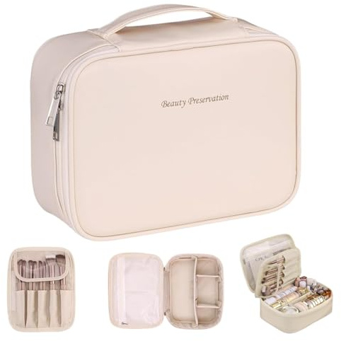 Kosmetiktasche Damen, Kulturtasche Damen mit Griff, Reise Kosmetik Organizer Tasche wasserdichte Schminktasche, Groß Make Up Tasche Reise Kosmetikkoffer mit Make-up Pinsel Fach (Beige)