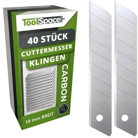 ToolSpace Cuttermesser Klingen 18mm - 40 Stück Ersatzklingen Abbrechklingen | Karbonstahl ULTRASCHARF für Cuttermesser Allzweckmesser Klappklingen Teppichmesser Stanley Messer Profi 0,4mm 7 Segmente