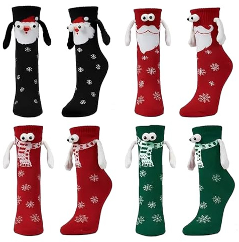 FYZSJWL 4 Paare Weihnachtssocken, Lustige Magnetische Weihnachten Socken, Hand in Hand Socken, Weihnachtssocken Kinder, im Winter Warm Halten, für Damen und Herren Weihnachten Geschenk