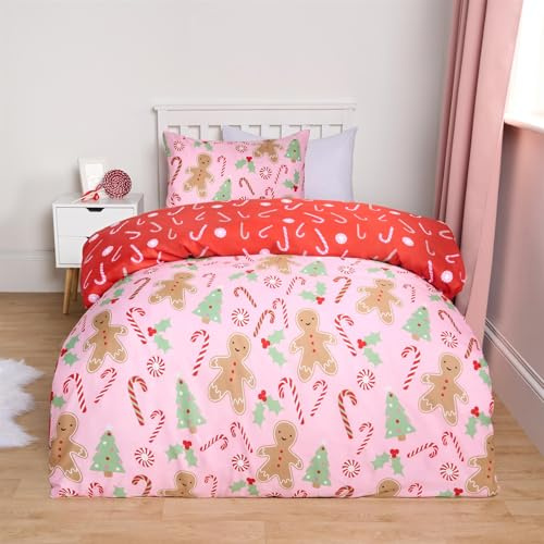 OHS Christmas Bedding, Xmas Gingerbread Man Double Duvet Set Super Soft Cosy Warm Festive Christmas Duvet Set Double Comfy Reversible Xmas Bedding with Pillowcases, Pink/Red