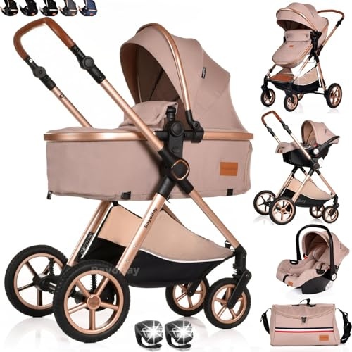 3 in 1 Travel System Baby Pram Buggy with Car Seat Pushchair Carriage Child Lightweight Folding Stroller for Newborns Toddlers from Birth up to 22kg New 2025 Style (BB3 - Khaki, BB3)