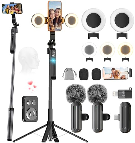 71 Auto Face Tracking Tripod for iPhone with 2 Lights, 2 Mics & Remote | Auto 360° Rotation, Solidest Extendable Cell Phone Stand, No App, Vlogging Kit for Android, Video Recording, YouTube/TikTok