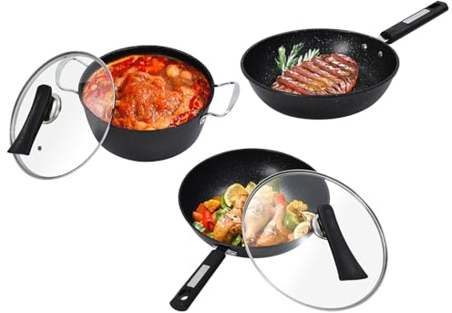 3er-Set Bratpfanne, Wok-Kasserolle, Antihaftbeschichtung, Woks mit Spatel aus Holz, für Gasherd, Induktionsherd, Keramikherd