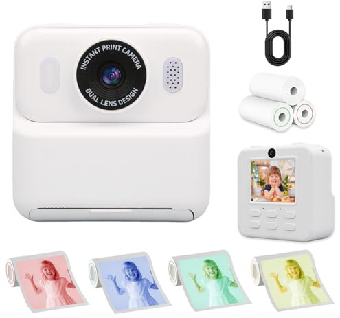 GeeStone Instant Print Camera with Dual Lens Design, Color Photo Printing, USB Charging Cable, 3 Paper Rolls Included (WHITE)
