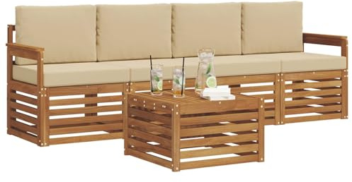 vidaXL Sofagarnituren 5 pcs Natur und Beige Massivholz Akazie, Moderne, langlebige Garten-Sofagarnitur, sectionale Möbel für Patio, Terrasse, entspannte Sitzgelegenheit