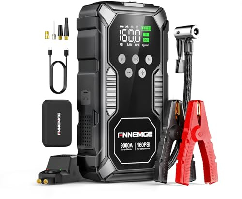 FNNEMGE Avviatore Batteria Auto, 9000A & 26800mAh & 160PSI Avviatore Emergenza per Auto con Compressore Aria (Tutti i Veicoli a Benzina o 12,0L Diesel), Avviatore di Emergenza, con di HD LCD Display.