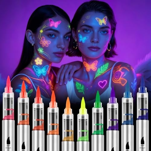AOOWU Pintura de Cara de Neón Brillante UV, 10 Ceras de Tatuaje de Color, No Tóxico Cera Lápiz UV Neón para Adultos, Colores de Pintura Corporal para Halloween, Mardi Gras, Fiesta de Disfraces