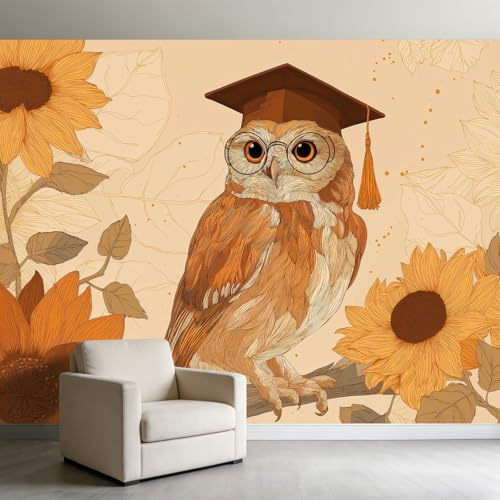 Cartoon Fototapete 200 x 140 cm Tapete, Abschlusskappe Runde Brille Eule Vliestapete Wandbild Kinder-Studierzimmer Bibliothek Modern Wandtapete Wandbild Dekorieren Tapete
