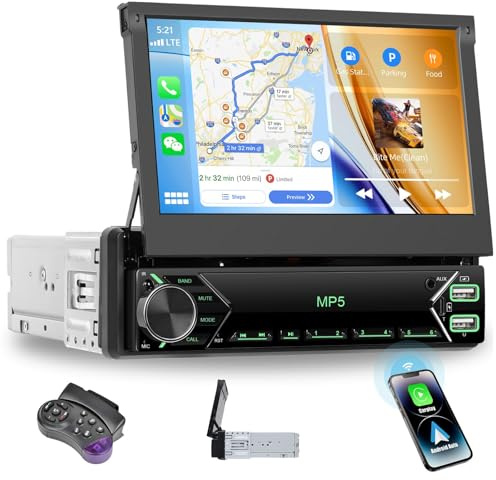CAMECHO Stereo Auto Bluetooth Autoradio Carplay Android Auto Single Din 7 Pollici Schermo Retrattile Motorizzato con Porta USB/AUX Supporto Radio FM Mirror Link/Reverse Camera/SWC