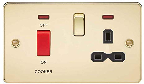 Knightsbridge FPR8333NPB Flat Plate DP Switch and Switched Socket with Neon, Polished Brass with Black Insert, 45 A/13 A