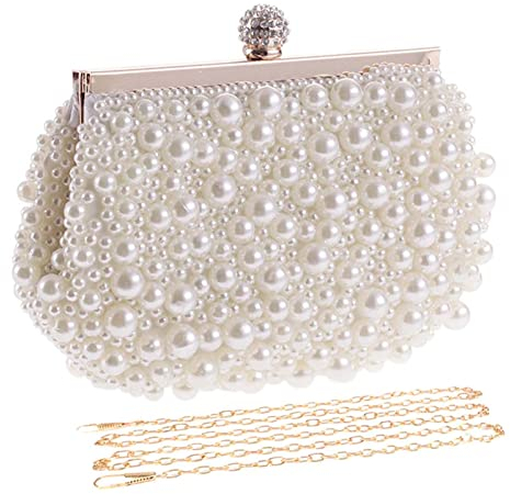 BAIGIO Clutch Damen Perlen Abendtasche Ivory Damen Elegant Brauttasche Handtasche für Hochzeit Afterparty Disco (Weiß)